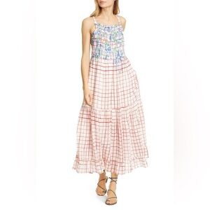 Mii Collection Backless Red White Floral Plaid Cotton Linen Maxi Dress Large